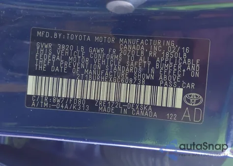 2016 Toyota Corolla S Plus z USA, uszkodzony, nr VIN 2T1BURHEXGC608738